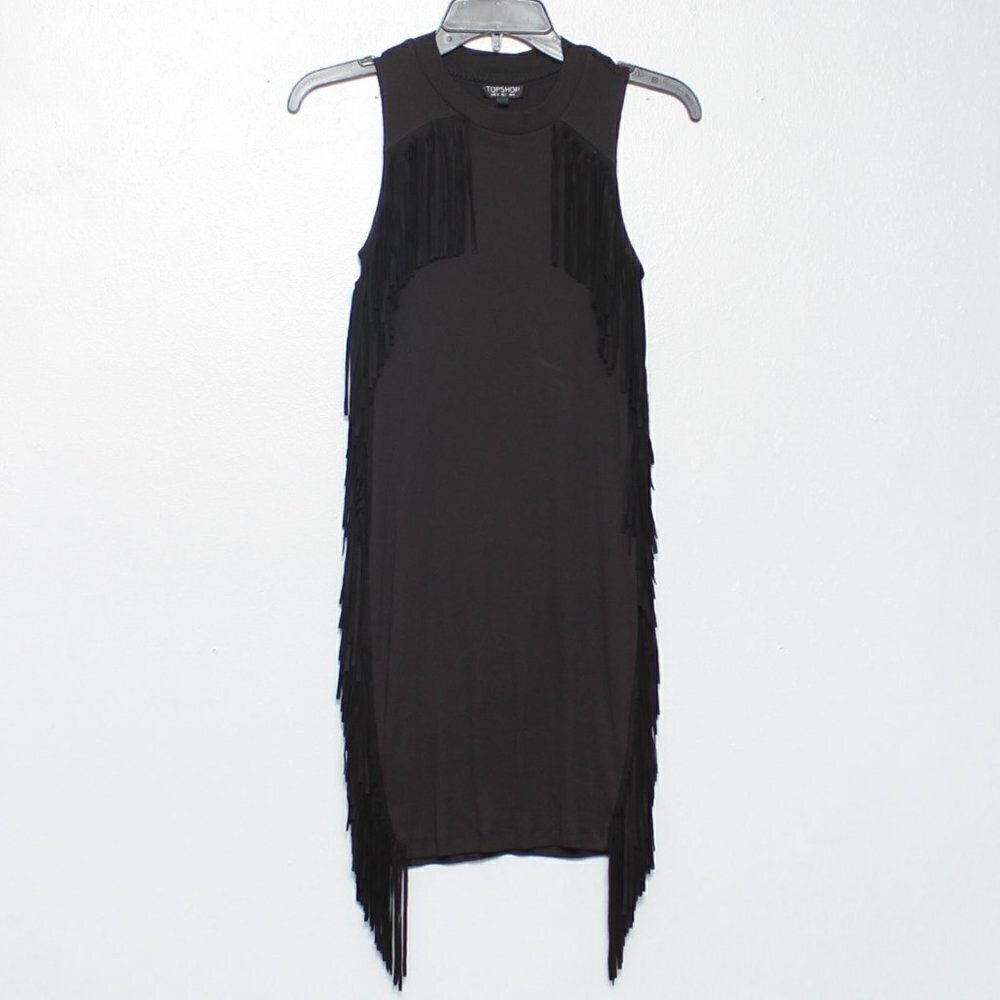 Topshop black ribbed fringe sleeveless dress